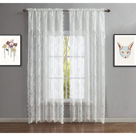 Warm Home Designs Pair of 2 Ivory Color Standard Length 54” (W) x 84” (L) Semi Sheer Lace Curtain Panels & Attached Valances with 6 Tassels. Classic Elegant English Rose Pattern. L Ivory 84”