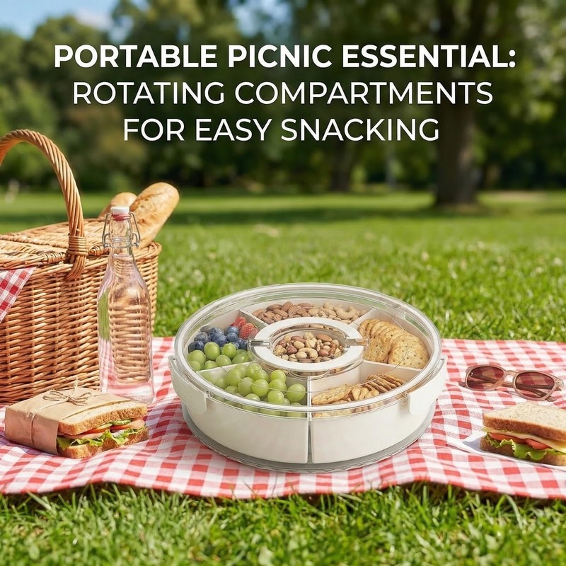 1-Pack Divided Serving Tray with Lid and Handle, 6-Compartment Snackle