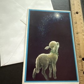 Vtg Christmas Card UNUSED Baby Lamb Looking at Sky Northern Star MCM W/env