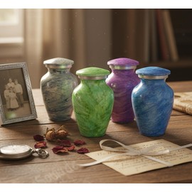 eSplanade Metal Mini Cremation Urn Keepsake Memorial Jar Pot Container - Set of 4 | Small Urns for Funeral Ashes Burial | Wave Pattern Metal Keepsakes | Multicolor - 3" Inches