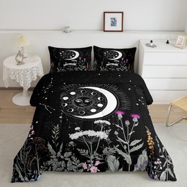 Feelyou Sun and Moon Decor Bedding Set Twin Size Girl Bohemian Comforter Sets for Kids Boys Boho Exotic Style Black and White Cute Galaxy Stars Comforter Branches Plants Quilt Set with 1 Pillowcase