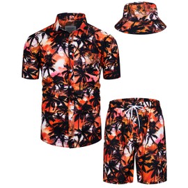 TUNEVUSE Mens Hawaiian Shirts and Shorts Set 2 Pieces Beach Outfits Print Summer Tropical Suit with Bucket Hats Orange Small