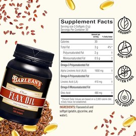 Barlean's Organic Oils Fresh Flax Oil Softgels, 100 Count Bottle