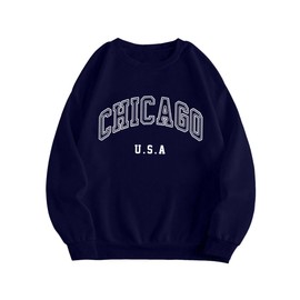 Hilinker Women's Cute Graphic Crewneck Sweatshirts Casual Loose Long Sleeve Pullover Tops Navy Blue CHICAGO X-Large