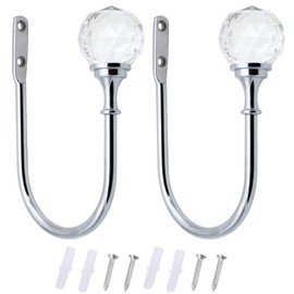 BlueXP 2 Pack Metal Curtain Holdback Hook Crystal Ball U-Form Wall Mounted Curtain Tie Back Hook Decorative Curtain Drapery Holdback Arms Hook for Window Shower Curtain Drapery Voile Towel Coat Sliver