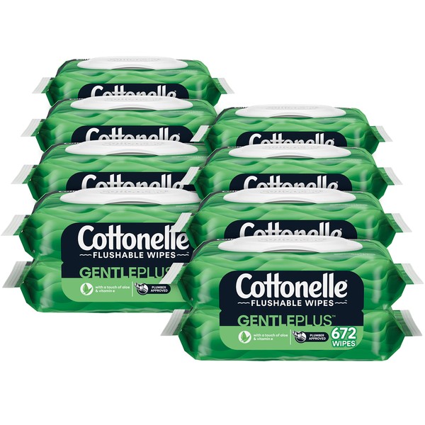 Cottonelle GentlePlus Flushable Wet Wipes with Aloe & Vitamin E, Adult Wet Wipes, 16 Flip-Top Packs, 42 Wipes per Pack (2 Packs of 42) (672 Total Flushable Wipes), Packaging May Vary