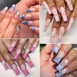 6 Sheets Flower Nail Stickers, Hibiscus 3D Self-Adhesive Nail Decals Blue Yellow White Pink Gold Floral Petal Tropical Leaf Designs DIY Manicure Supplies for Women Girls