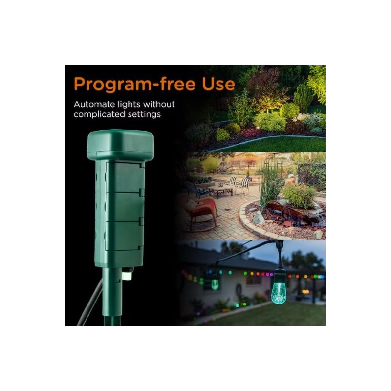 JASCO MTS Photocell Stake Timer, Outdoor, 6 Grounded Outlet, Green,
