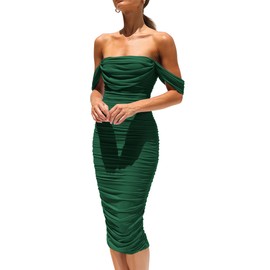 PRETTYGARDEN Women's Summer Off The Shoulder Ruched Bodycon Dresses Sleeveless Fitted Party Club Midi Dress (Dark Green,Medium)