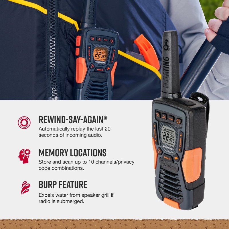 Cobra ACXT1037R FLT Floating Walkie Talkie - Waterproof, Rechargeable, Long
