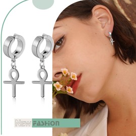 Flongo Hoop Earrings with Ankh Egyptian Cross Pendant Silver Earrings Without Hole Stainless Steel Dangle Non-Piercing Ear Clip Ear Clips Earrings for Women Men Girls, Stainless Steel