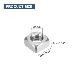 sourcing map M5-0.8x4 Square Nuts, 304 Stainless Steel Coarse Thread Square Nuts Fasteners for Home Repairs and Professional Engineering, Silver, 10pcs