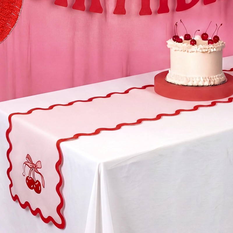 Breling Pink Bow Cherry Table Runner 70 Inches Coquette Scalloped