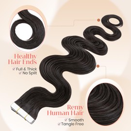 Elailite Wavy Tape in Hair Extensions Human Hair Body Wave Real Remy Hairpieces Natural Black 20 Inch 50g 20pcs Invisible Seamless Skin Weft Best Tape for Women