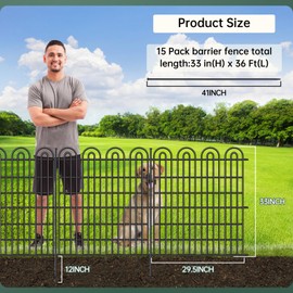 15 Panels Tall Garden Animal Barrier Fence with Gate, 33 in(H) X 36.8 ft(L) No Dig Decorative Garden Fence Outdoor for Yard, Heavy Duty Rustproof Metal Edging Border for Dog, Rabbits