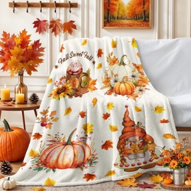 yuboo Fall Pumpkin and Gnome Throw Blanket, Soft Orange Autumn Maple Leaves Blankets and Throws for Couch, Fall Themed Thanksgiving Farmhouse Home Decor Gifts, 50"x60"