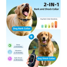 2-in-1 Dog Shock Collar and Bark Collar for Dogs – 3300FT Dog Training Collar with Remote, IP67 Waterproof e Collar with Anti-Bark/Beep/Vibration/Shock Modes for Small Medium Large Dog(8-120Lbs)