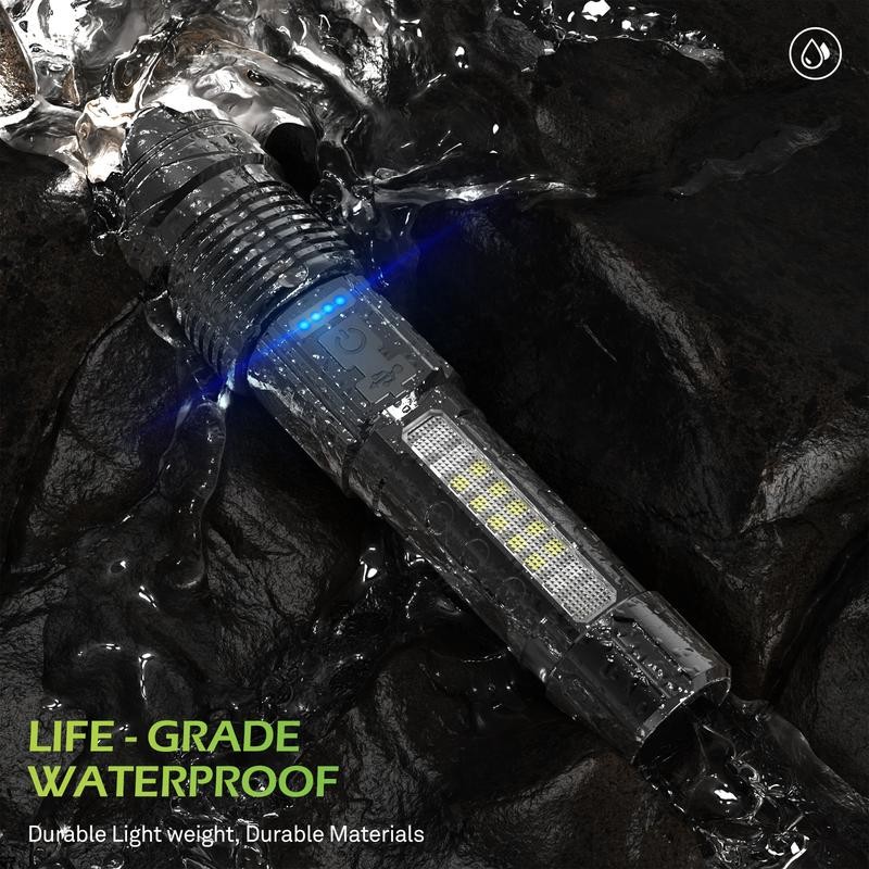 EARRCK Strong Flashlight/USB Rechargeable,Emergency Lighting White Flashlight Red/Blue Alarm Lights/Waterproof