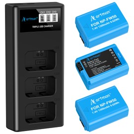 Artman NP-FW50 Battery 3-Pack and 3-Slot ZV-E10 Battery LCD Charger for Sony ZV E10, Alpha A6500 A6400 A6300 A6000 A5100 A5000, A7S II, A7S, A7R II, A7R, A7 II, A7, RX10 II III IV Cameras, Blue