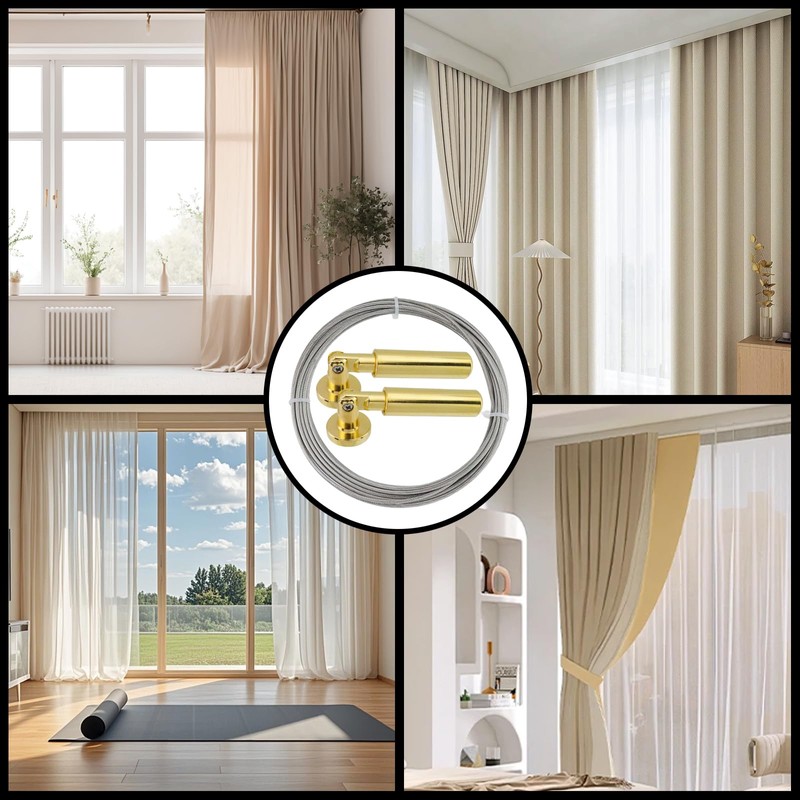 Heavy Duty Gold Wall Mount Curtain Wire Rod Set Multifunctional