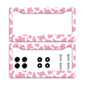 2Pcs Pink Cow Print License Plate Frame Cute Cows Animal Plate Holder Stainless Steel Rust-Proof Auto Parts Colorful License Plate Cover Decoration with 4 Screws Size 12.3" x 6.3" for Men Women Gifts