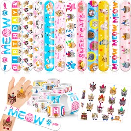 48PCS Cat Party Favors 24PCS Tattoos 24PCS Slap Bracelets Gifts Ideal for Kids Themed Kitty, Kitten Birthdays Party Supplies Cute Decorations Decor Classroom School Prizes for Boys and Girls Rewards