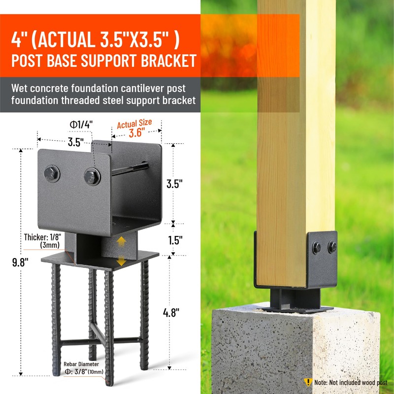 Uphode 2Pack 4"x4"(Actual 3.5"x3.5") Wooden Post Base for Concrete, U-Shape