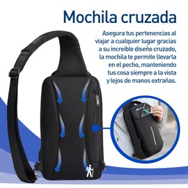 Bluelander Mochila Antirrobo Cruzada, Bolso de Pecho, Bandolera Multifuncional con Puerto USB, Tela Oxford Impermeable con Línea Reflejante, Bolsillos Ocultos, Ideal para Hombres y Mujeres (Negro)