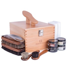 FootFitter Shoe Shine Kit with Beech Wood Valet Storage Box, Premium Shoe Cream, Polish & Cleaning Tools for Leather Footwear (Classic Creams)