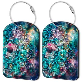 2 Pack PU Luggage Tags for Suitcase, Abstract Mandala Suitcase Tag Leather ID Label Bag Tags with Privacy Cover and Metal Loop for Men Women Travel Bag