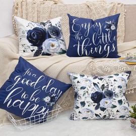 Navy Blue Cushions - Blue Pillow Covers 18x18, Set of 4 Navy Blue Throw Pillows Covers, Blue Decorative Pillows for Couch, Linen Fabric Blue Floral Pillow Covers, Trendy Home Decorative Accessories
