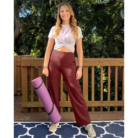 G4Free G4Free Wide Leg Leggings Stretchy Yoga Dress Pants with Pockets for Women Straight Leg Sweatpants Loose Lounge Pants Elastic Waist(Dark Burgundy,XXL,29")