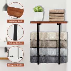 DAZUINIAO Towel Racks for Bathroom Wall Mounted with Wooden Shelf Bath Towel Holder for Rolled Towels Metal Towel Storage Organizer for Small Bathroom Decor or RV Camper Black