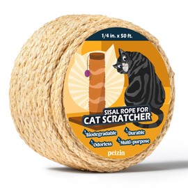 Pelzin Natural Sisal Rope for Cat Scratcher 1/4 Inch by 50 Feet, Cat Tree Rope Twine for Cat Scratching Post Replacement, Cat Tower with Scratch Post Repairing, Replace, Recovering and DIY, Natural