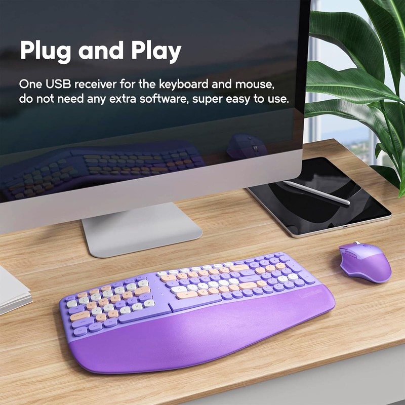 Wireless Ergonomic Keyboard and Mouse Combo with PU Wrist Rest,
