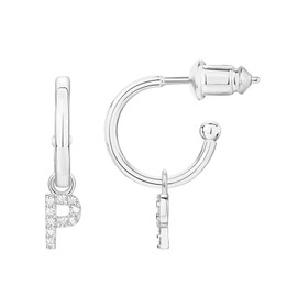 PAVOI 14K White Gold Plated 925 Sterling Silver Post Huggie Earring With Initial Dangle |CZ Initial Huggie Hoop Earrings | Womens Cubic Zirconia "P" Initial Huggies