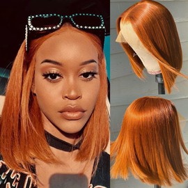 DUAUJUIU Short Bob Wig Human Hair 13x4 Lace Frontal Bob Wigs 180% Density 350 Orange Ginger Transparent Lace Pre Plucked Natural Hairline with Baby Hair 14 Inch