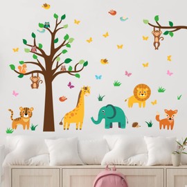 Condessacity Wall Sticker Forest Tree Wall Sticker Stylish Cartoon Jungle Animal Giraffe Elephant Tiger Lion Butterfly Bird Wall Sticker Waterproof Wall Sticker Removable Kids Kids Kids Room