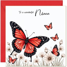 Beautiful Niece Birthday Card Red Butterfly & White Flower Design - With Red Envelope - Cute Birthday Cards for Niece