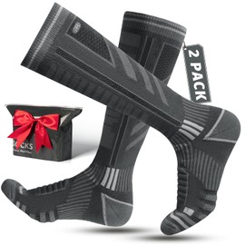 2 Pairs Merino Wool Ski Socks for Men, Women and Youth, Compression Snowboard Socks, Knee Height, Thick Thermal Socks for Cold Weather, Breathable, Quick Drying, Size 35-51, gray