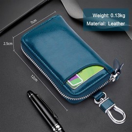 Leather Key Case Car Key Bag with 6 Hooks, Key Fob Protector Key Pouch Portable Card Holder Keychain Wallet Faraday Car Keys (Royal Blue)