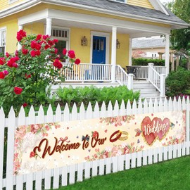 Meltelot Welcome to Our Wedding Large Banner, Welcome to Our Beginning Banner Rustic Wedding Reception Decorations, Indoor Outdoor Backdrop 8.9 x 1.6 Feet