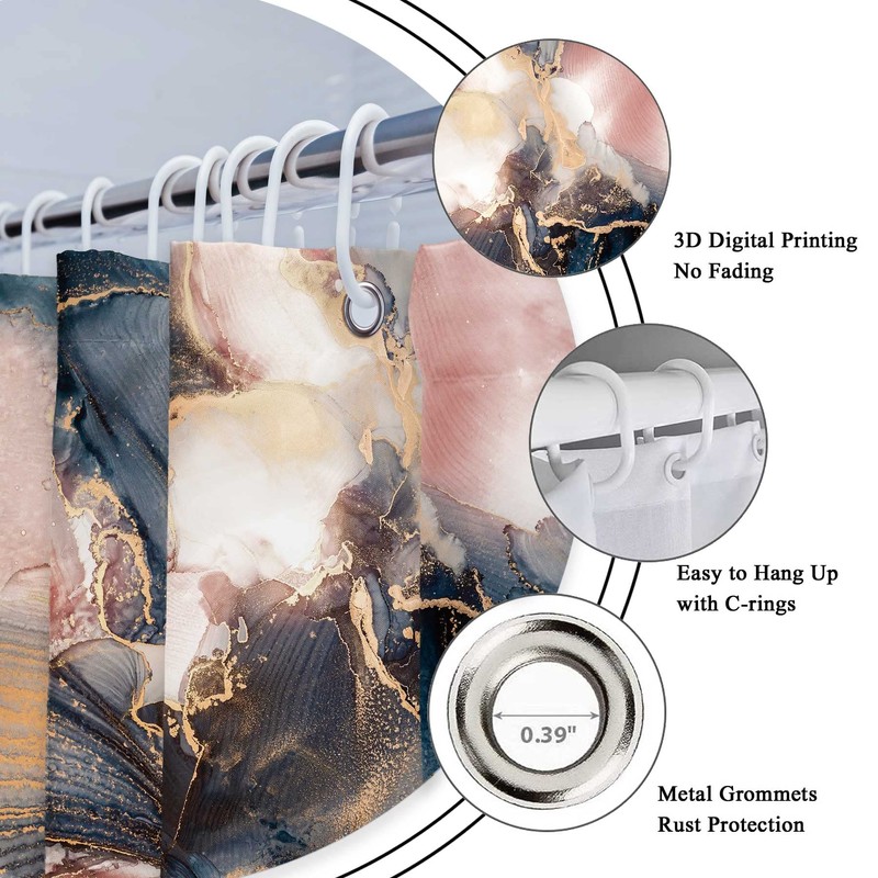 Riyidecor Marble Abstract Shower Curtain for Bathroom Decor 60Wx72H Navy