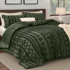 3-Piece Elegant Tufted Farmhouse Boho Comforter Set Queen Size Pretty Olive Green Color | Eclectic Bohemian Plain Weave Geometric Patchwork Pattern | 3D Textured Durable Soft Cozy Shabby Chic Bedding
