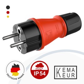 RedStar24 Schuko Plug 230 V IP54 Set of 4 Robust Protective Contact Plugs Made of Rubber and Plastic, Black Red | Hermetically Sealed Design | Perfect for Outdoor Use | 3-Pin Power Plug