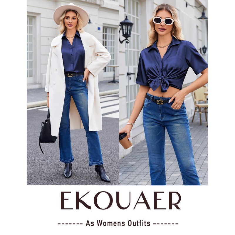 Ekouaer Womens Satin Pajamas Set Button Down Shirts Short Sleeve