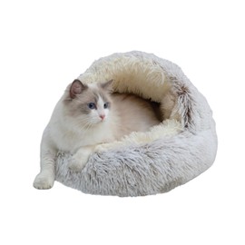 ZaneSun Calming Round Dog Beds &Cat Cave Bed with Hooded Cover,Plush Fluffy Dog Bed Anti-Anxiety Cat Cave Bed,Waterproof Bottom Washable (Coffee, 25.6X 25.6inch)