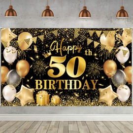 Happy 50th Birthday Banner Black Gold Birthday Party Decorations Backdrop, Birthday Decorations for Men and Women 50th Backdrop Banner Background Photo Booth Sign, 180×110cm