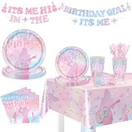 USERTEN 142Pcs It's Me Hi I'm the Birthday Girl Party Supplies Music Singer Concert Fans Birthday Party Disposable Tablewares Decorations Paper Plates Cups Napkins Banner Tablecloth for 20 People