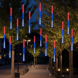 Dazzle Bright 288LED Red Blue & White Meteor Shower Rain Lights 11.8 Inch 8 Tubes, Waterproof Plug in Falling Rain Lights Independence Christmas Day Decorations for Outdoor Bushes Tree Yard Party